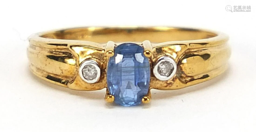 9ct gold blue topaz and diamond ring, size N, 2.3g