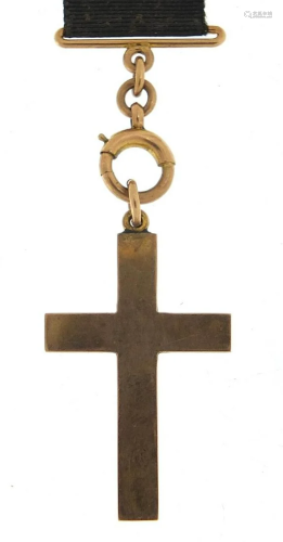 9ct gold cross pendant on a 9ct gold and silk ribbon