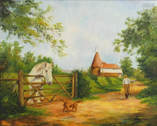 Eileen Blundell - Young boy with dog beside a horse,