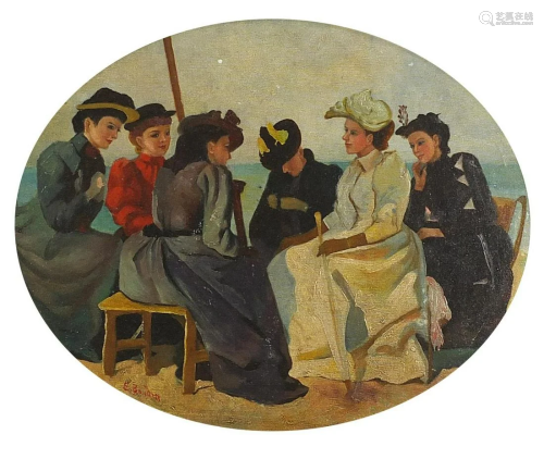 Females on a beach, French school oval oil on board,