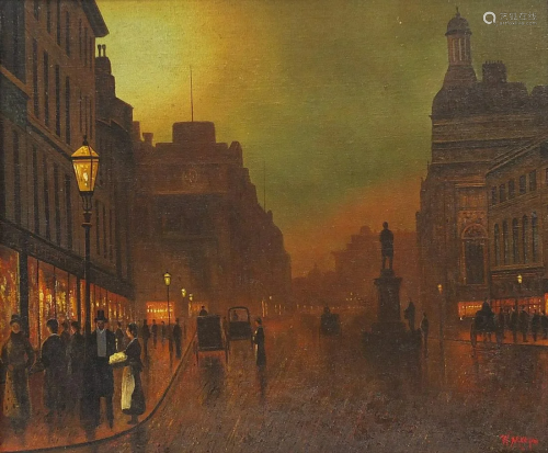 Evening street scene, Victorian style oil on board,