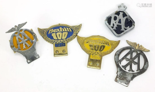 Five car badges including RAC and Bexhill, the largest