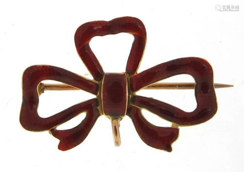 9ct gold and red enamel bow brooch, 3cm wide, 2.6g