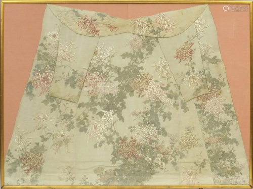 Chinese silk robe embroidered with flowers, framed and