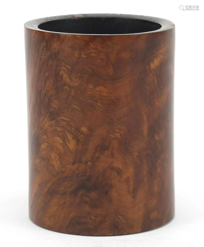 Chinese burl wood brush pot carved with calligraphy,