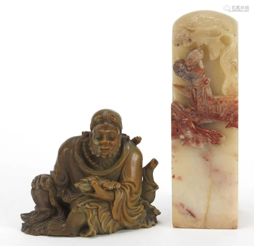 Chinese carved soapstone figure and desk seal, the
