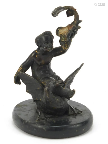 Cold painted bronze figure of Putti on a swan raised on
