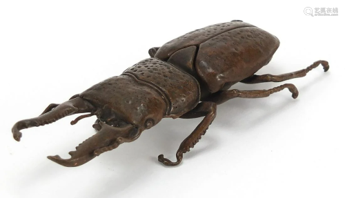 Large Japanese patinated bronze beetle with articulated