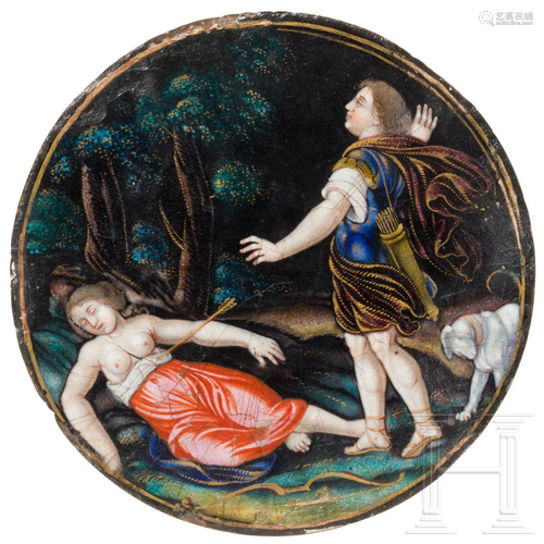 A fine enamelled plaque with Cephalus and Procris,