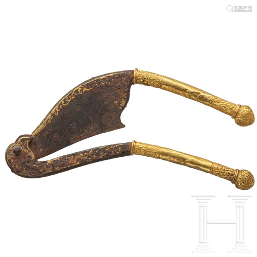 A small gold-damascened betelnut cutter, India,