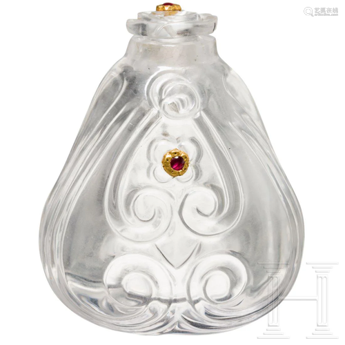 A perfume flask of mountain crystal with rubies, India,