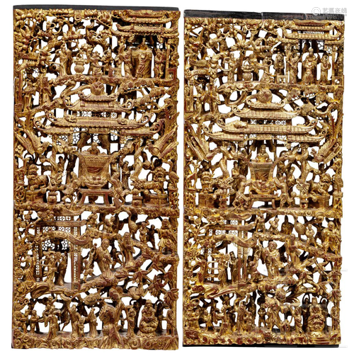 Two large Chinese temple carving panels, Fukien