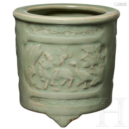 A Chinese Longquan censer with figural relief design,