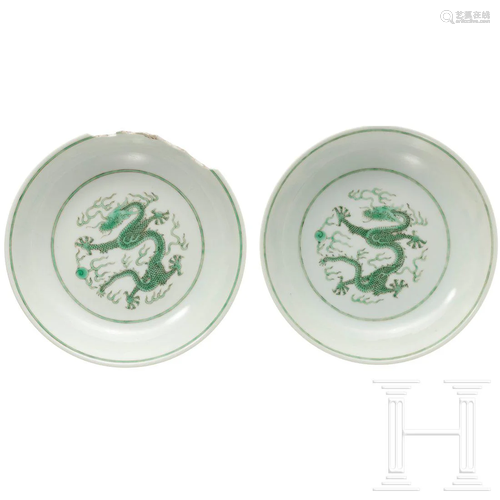 A pair of green enamelled Chinese dragon plates with