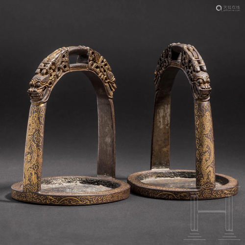 A pair of gold-damascened Chinese stirrups from the