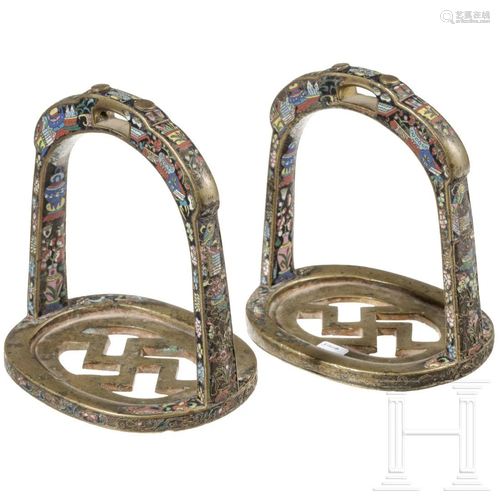 A pair of Chinese stirrups with cloisonée decor, Qing