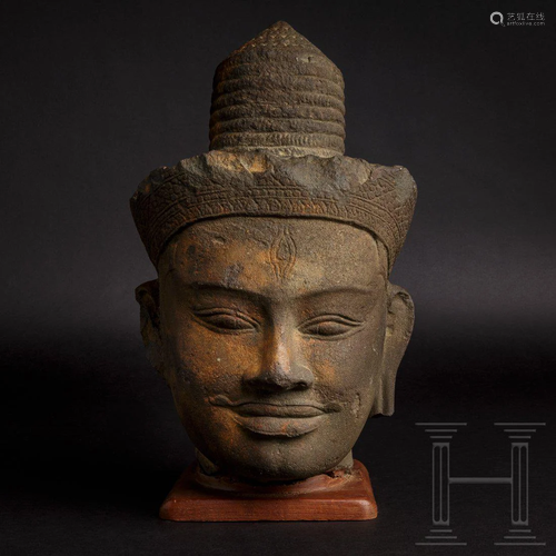 A Cambodian stone head of Shiva, Khmer culture,