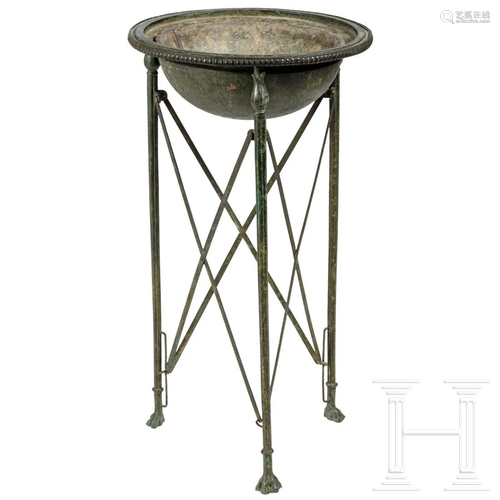 A folding bronze tripod stand with large bowl, circa