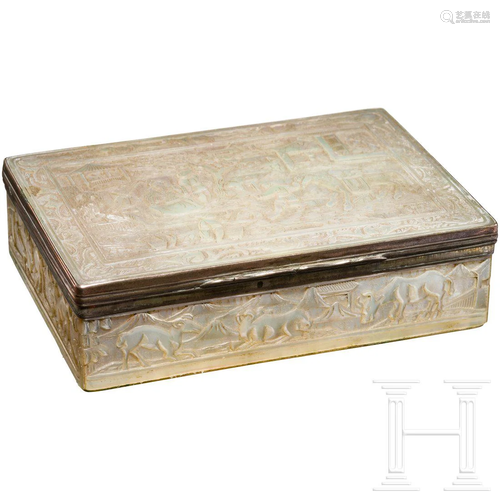 A carved mother-of-pearl tabatiere, Chinese for the