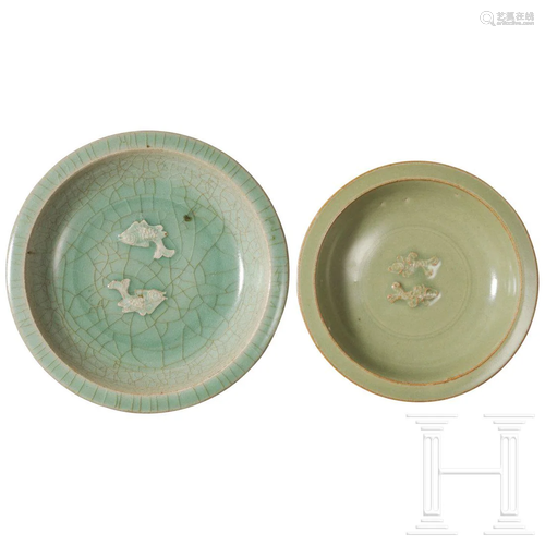 Two Chinese Longquan bowls with fish decoration, Yuan