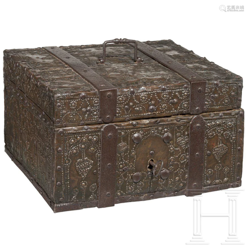 A North German wooden strongbox with brass sheet, dated