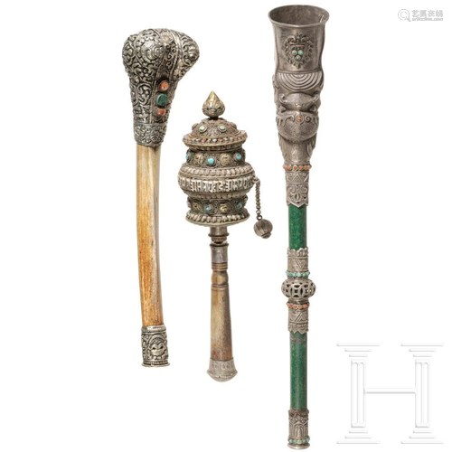 A Tibetan stone- and silver-decorated prayer wheel and