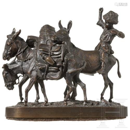 A Russian bronze figure group of a mule driver with his