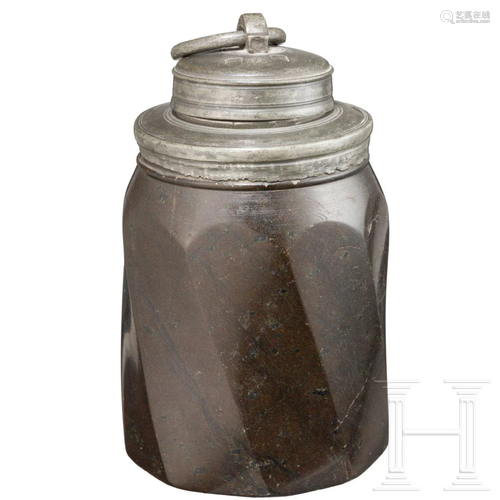 A stamped Baroque screw-top flask in serpentinite,