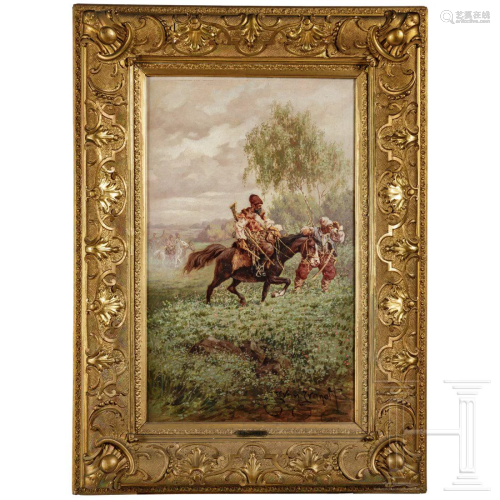 A Russian oil painting of Cossacks in the field by