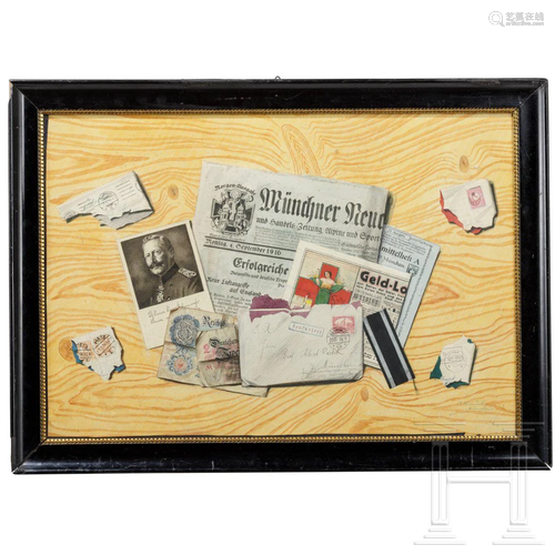 A trompe l'oeil with letters and a newspaper from WW I,