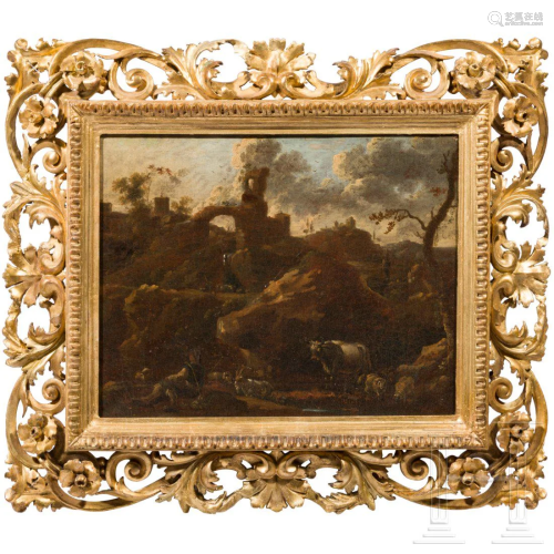 An oil painting – Herders in rocky Italian landscape,