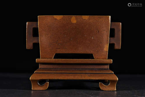 旧藏：老铜造四方双戟耳带座马槽炉
