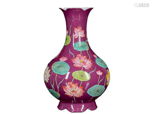 COCHINEAL RED GLAZED AND ENAMELED 'LOTUS' VASE