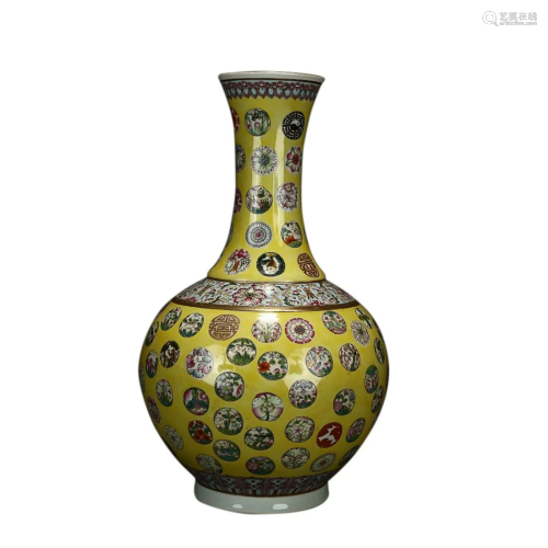 YELLOW GROUND FAMILLE ROSE 'FLORAL' PEAR SHAPED VASE