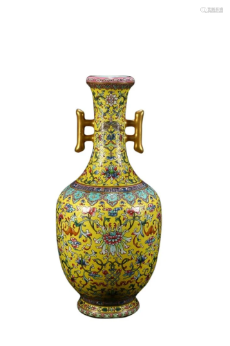 YELLOW GROUND ENAMELED 'FLORAL' VASE WITH HANDLES