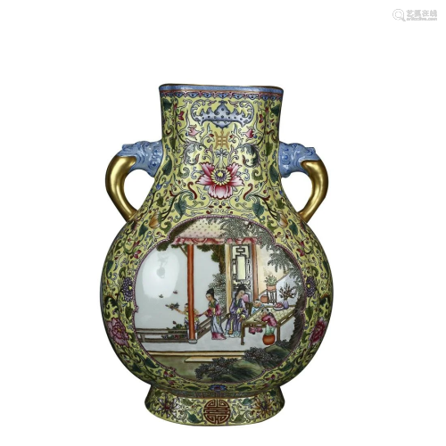 YELLOW GROUND FAMILLE ROSE 'FLORAL' VASE WITH BEAST