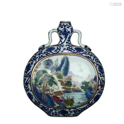 BLUE & WHITE AND FAMILLE ROSE 'LANDSCAPE' VASE WITH