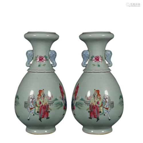 FAMILLE ROSE 'FIGURE STORY' VASE WITH ELEPHANT HANDLES