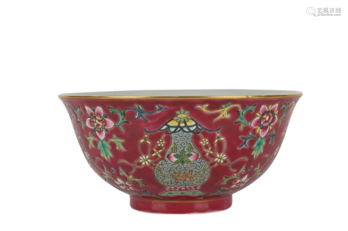COCHINEAL RED GLAZED AND PAINTED 'FLORAL' BOWL