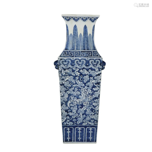 BLUE & WHITE 'BUTTERFLY AND FLOWER' SQUARE VASE