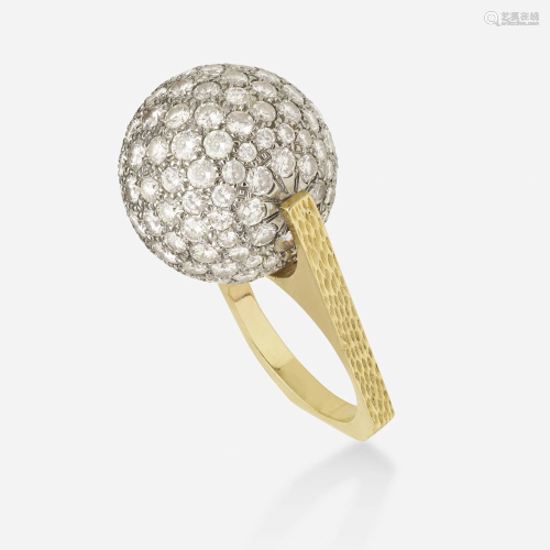 Mid-Century kinetic diamond and gold ball ring