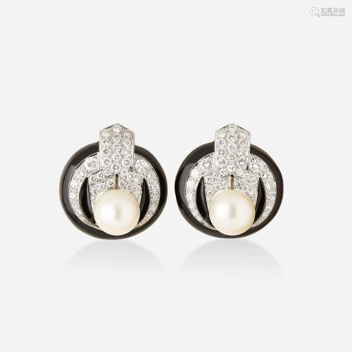Cultured pearl, diamond, and black enamel earrings