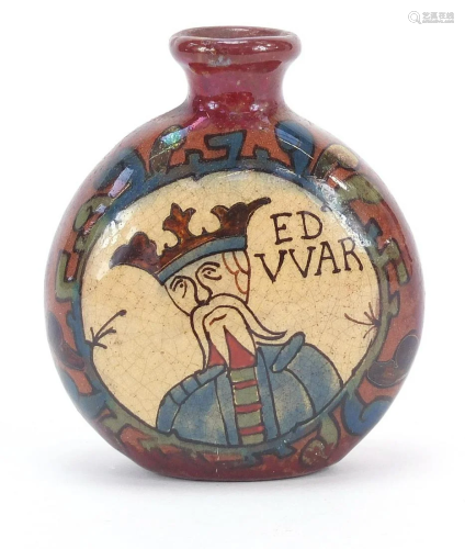 Continental red glazed pottery flask hand painted with