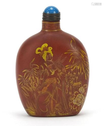 Chinese Yixing terracotta snuff bottle with hardstone
