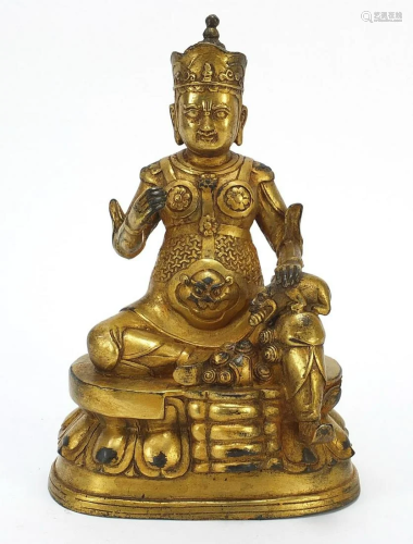 Chino Tibetan gilt bronze mythical figure and animal,