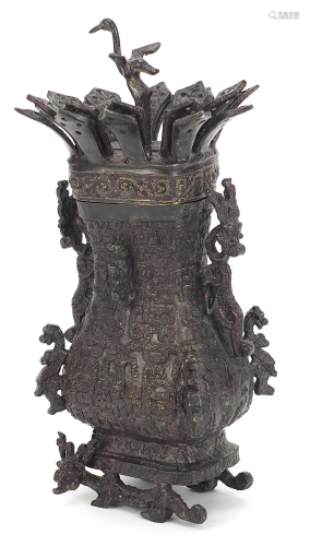 Good Chinese patinated bronze archaic style vase and