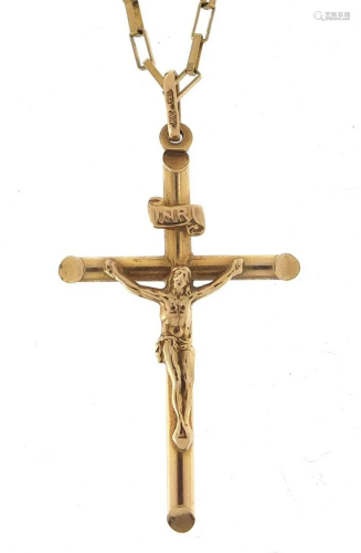 9ct gold crucifix pendant on 9ct gold necklace, 5cm