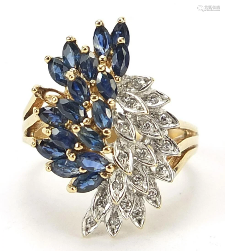 9ct gold diamond and sapphire cocktail ring, size L,