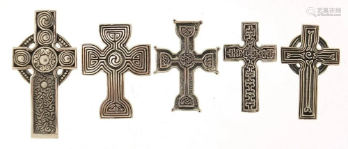 Five silver Celtic cross pendants, the largest 4.6cm