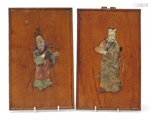 Pair of Chinese hardwood panels with carved soapstone
